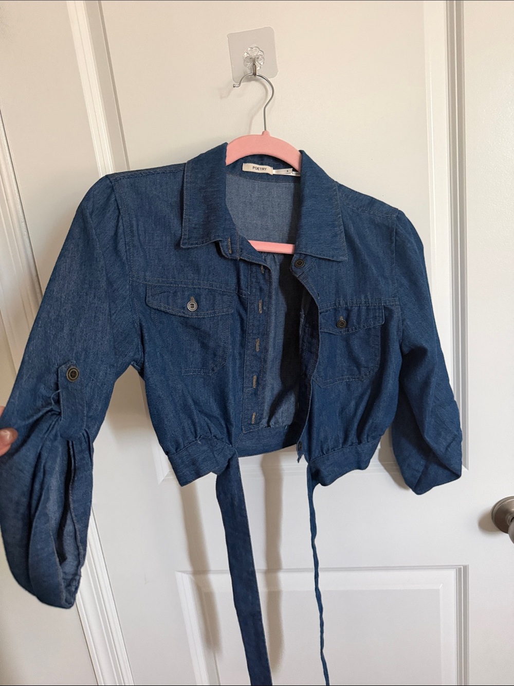 Poetry Denim Tie-Waist Cropped Jacket - Blue - Picture 3 of 7